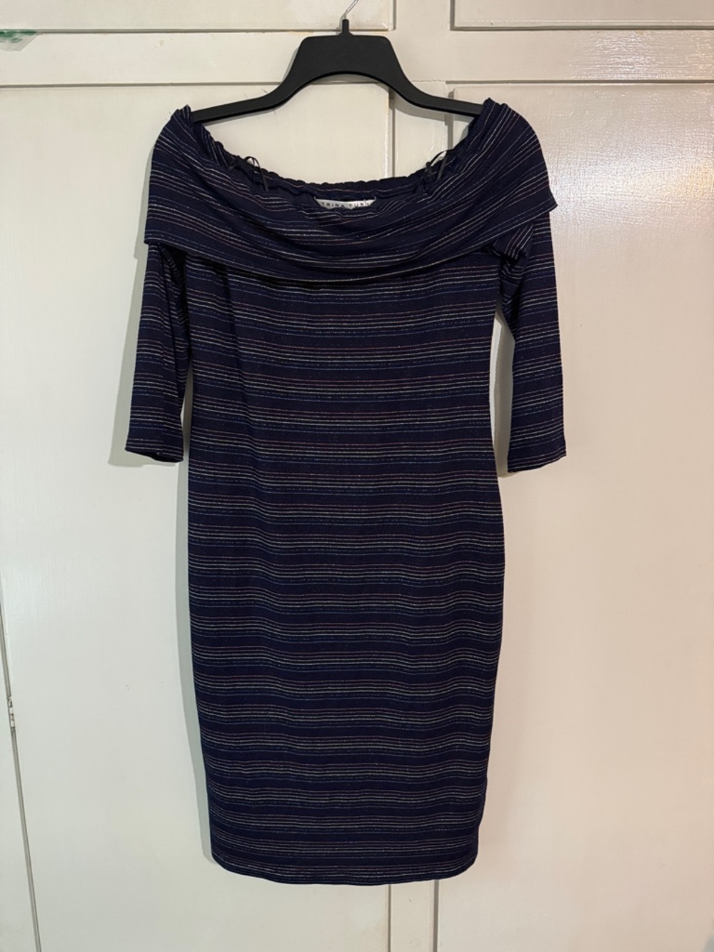 Trina Turk Navy sparkle Striped Off-Shoulder Long Sleeve Dress